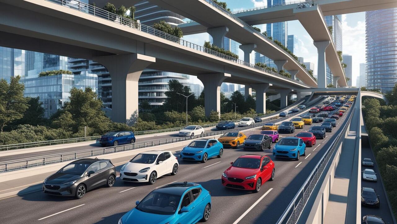 Gerar uma imagem que ilustre mobilidade urbana incluindo viadutos e priorizando a presença de carros Easy Resize com