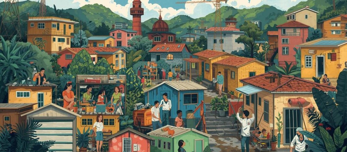 Criar imagem que ilustre a frase Universidades lançam pesquisa para reduzir impactos das mudanças climáticas sobre moradores de favelas e comunidades urbanas do Brasil () Easy Resize com