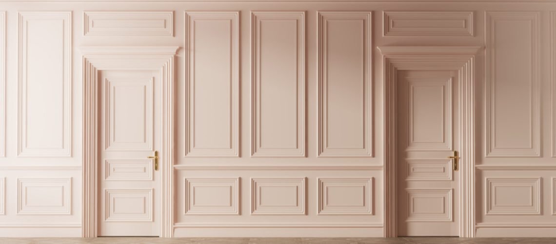 Classic luxury empty room with boiserie on the wall Pink colored